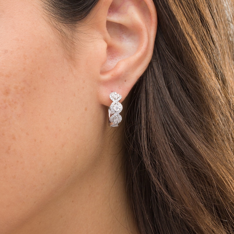 Main Image 2 of 1/2 CT. T.W. Diamond Past Present Future® Frame Hoop Earrings in 10K White Gold