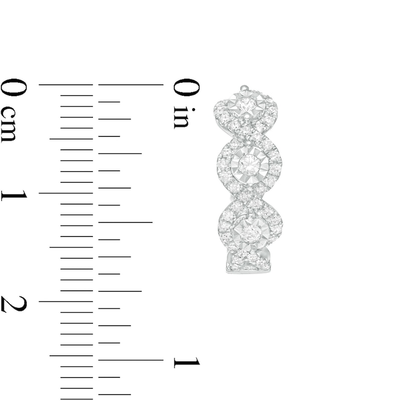 Main Image 3 of 1/2 CT. T.W. Diamond Past Present Future® Frame Hoop Earrings in 10K White Gold