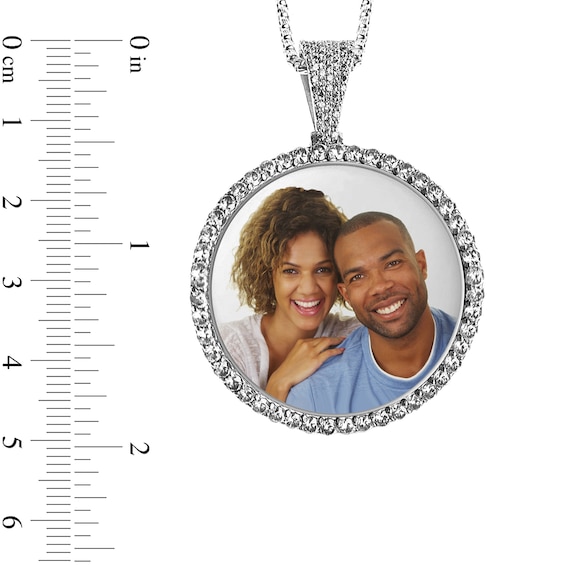 White Sapphire Frame Engravable Photo Circle Pendant in Sterling Silver (1 Image and 4 Lines)
