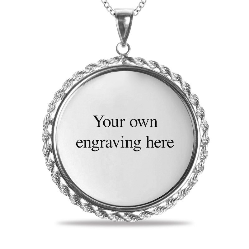 Engravable Photo Rope Chain Frame Circle Pendant in Sterling Silver (1 Image and 4 Lines)