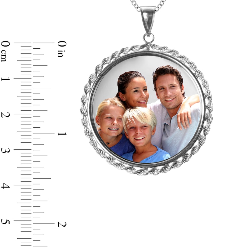 Engravable Photo Rope Chain Frame Circle Pendant in Sterling Silver (1 Image and 4 Lines)