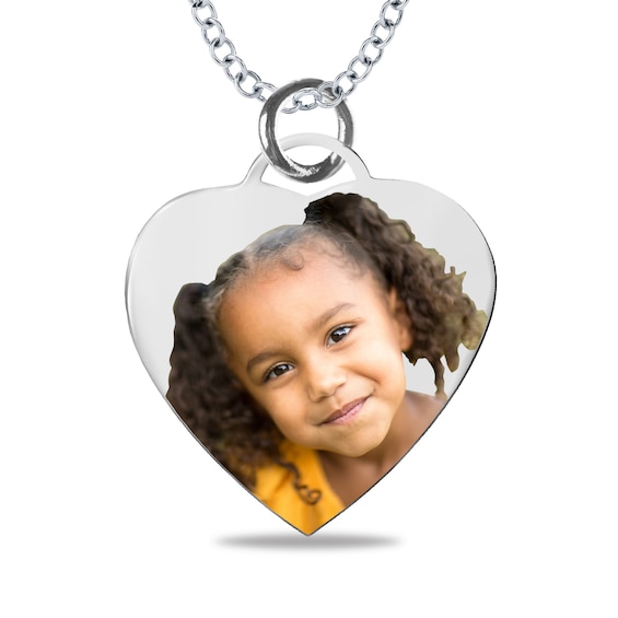 Small Engravable Photo Heart Pendant in Sterling Silver (1 Image and 2 Lines)
