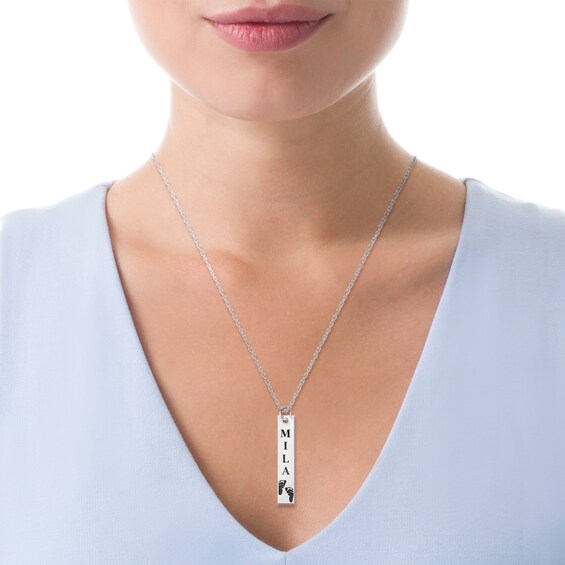 Engravable Name Baby Footprint Vertical Bar Pendant in Sterling Silver (1 Image and 2 Lines)