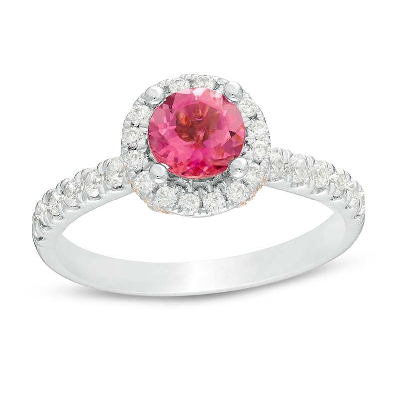 Main Image 1 of 6.0mm Pink Tourmaline and 1/2 CT. T.W. Diamond Frame Engagement Ring in 14K Two-Tone Gold