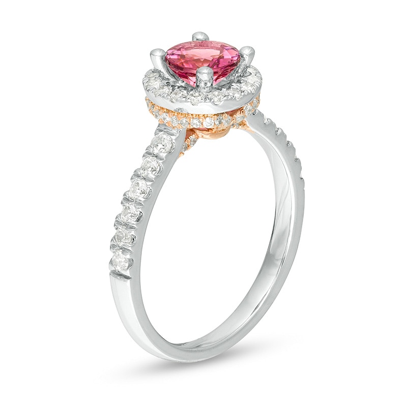 Main Image 3 of 6.0mm Pink Tourmaline and 1/2 CT. T.W. Diamond Frame Engagement Ring in 14K Two-Tone Gold