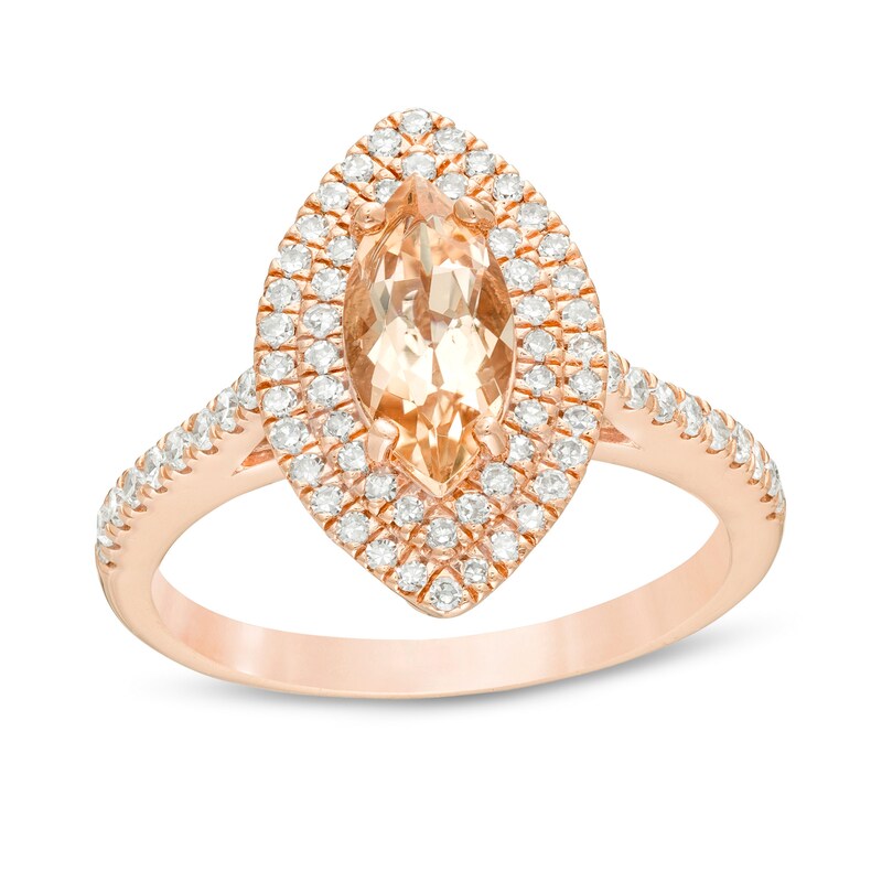 Main Image 1 of Marquise Morganite and 1/2 CT. T.W. Diamond Double Frame Engagement Ring in 14K Rose Gold