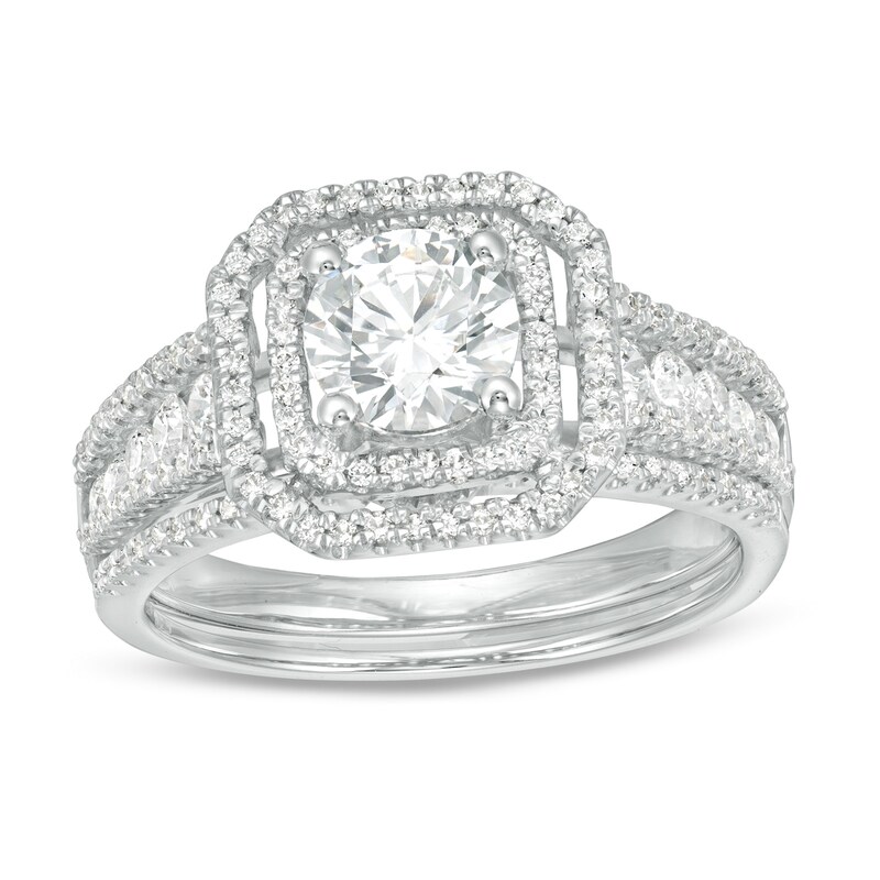 Main Image 1 of 1-3/8 CT. T.W. Diamond Double Octagonal Frame Multi-Row Bridal Set in 14K White Gold