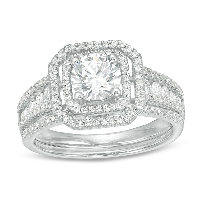 1-3/8 CT. T.W. Diamond Double Octagonal Frame Multi-Row Bridal Set in 14K White Gold