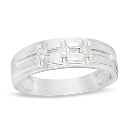 1/5 CT. T.W. Diamond Three Stone Groove Wedding Band in 10K White Gold