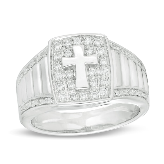 1/3 CT. T.w. Diamond Cross Ribbed Shank Ring in Sterling Silver