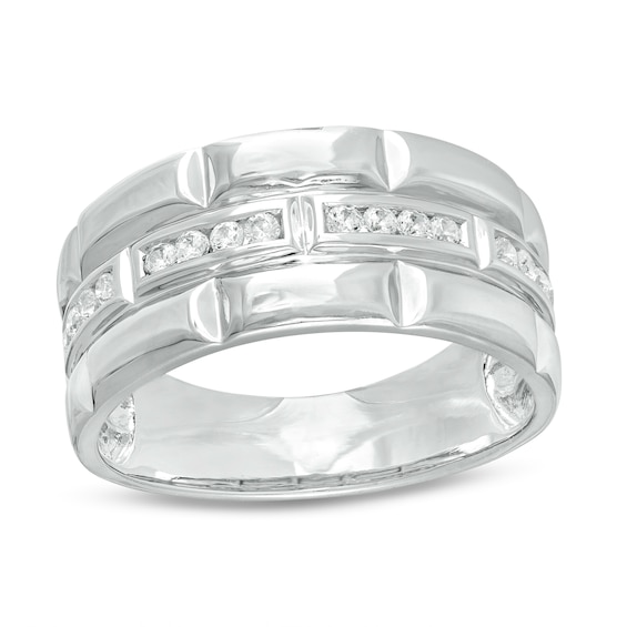 1/4 CT. T.w. Diamond Trio Station Brick Pattern Wedding Band in 10K White Gold
