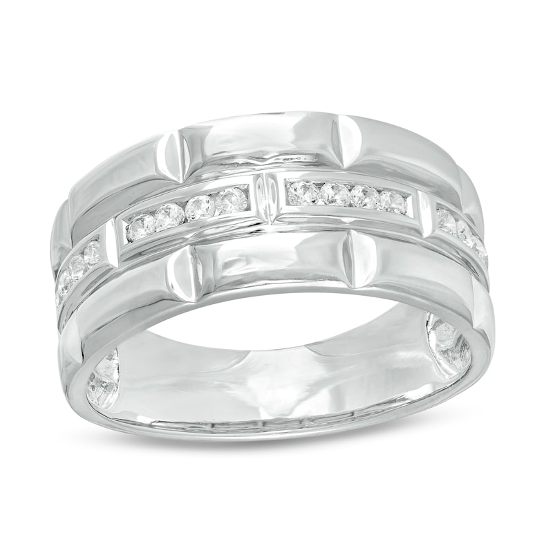 Men's 1/4 CT. T.W. Diamond Trio Station Brick Pattern Wedding Band in 10K White Gold