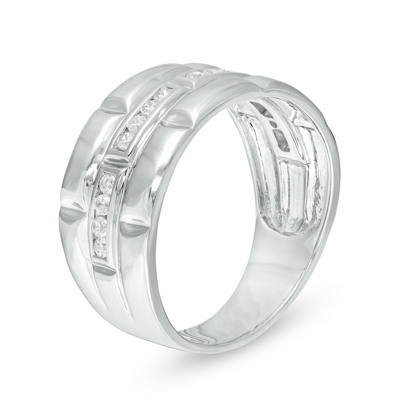 Men's 1/4 CT. T.W. Diamond Trio Station Brick Pattern Wedding Band in 10K White Gold