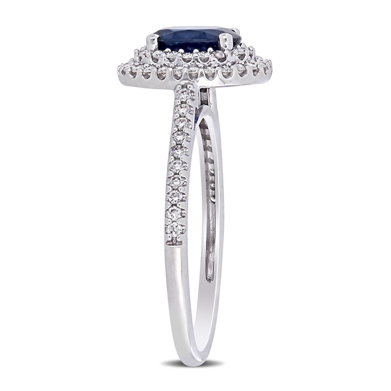 Oval Blue Sapphire and 1/3 CT. T.W. Diamond Double Frame Ring in 14K White Gold