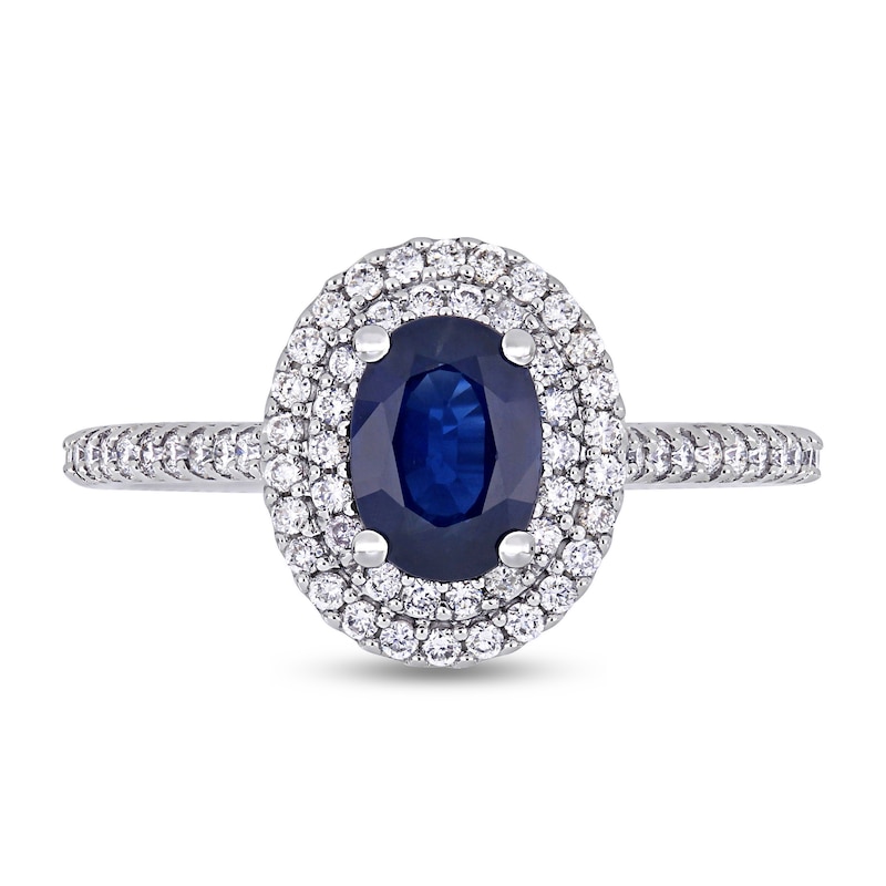 Oval Blue Sapphire and 1/3 CT. T.W. Diamond Double Frame Ring in 14K White Gold