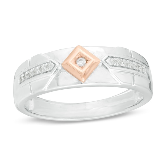 Men's 1/10 CT. T.W. Diamond Geometric Wedding Band in Sterling Silver and 10K Rose Gold Men's 1/10 CT. T.W. Diamond Geometric Wedding Band in Sterling Silver and 10K Rose Gold