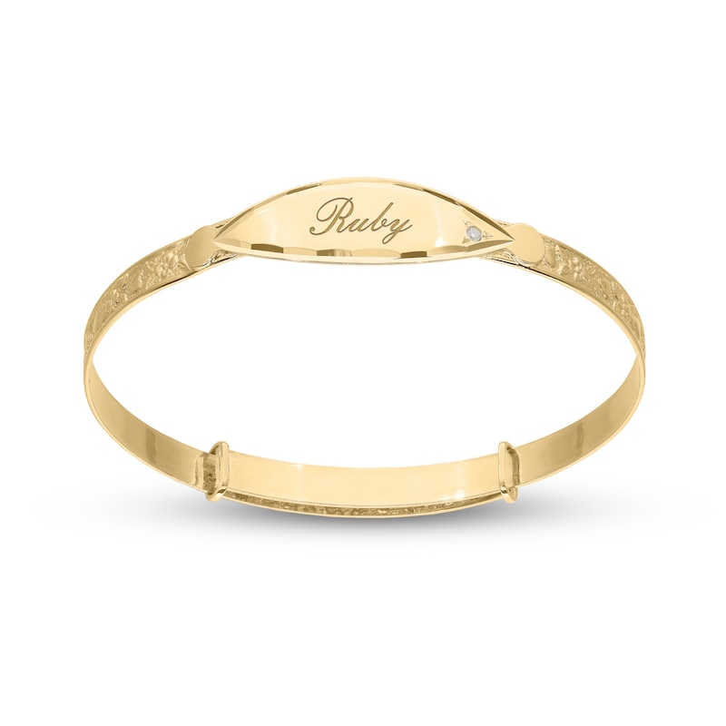 First Diamond Accent Floral Textured Engravable Script Name ID Bangle in 10K Gold (1 Line) - 5.75"