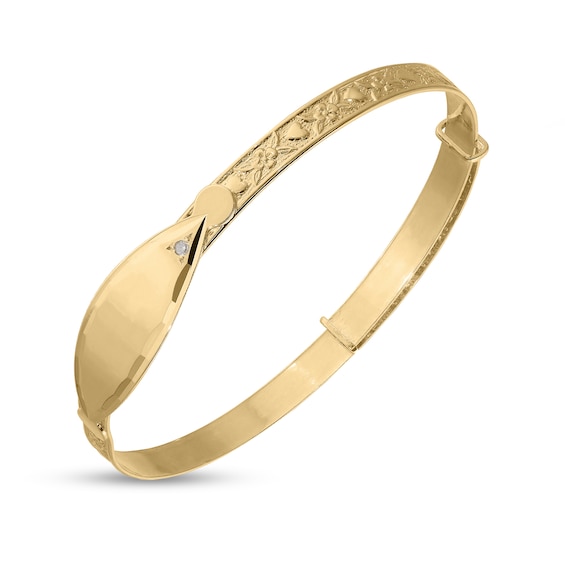 First Diamond Accent Floral Textured Engravable Script Name ID Bangle in 10K Gold (1 Line) - 5.75"