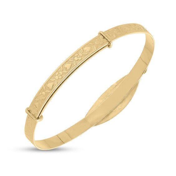 First Diamond Accent Floral Textured Engravable Script Name ID Bangle in 10K Gold (1 Line) - 5.75"