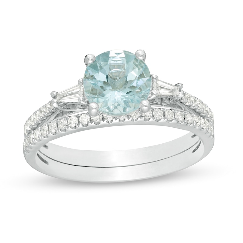 Main Image 1 of 7.0mm Aquamarine and 1/4 CT. T.W. Diamond Bridal Set in 14K White Gold