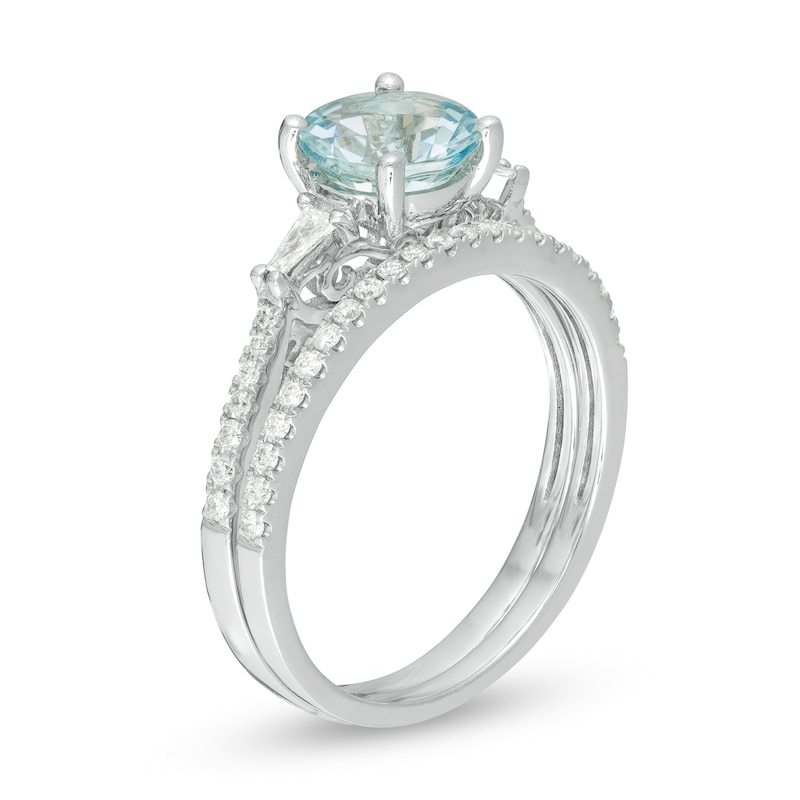 Main Image 3 of 7.0mm Aquamarine and 1/4 CT. T.W. Diamond Bridal Set in 14K White Gold