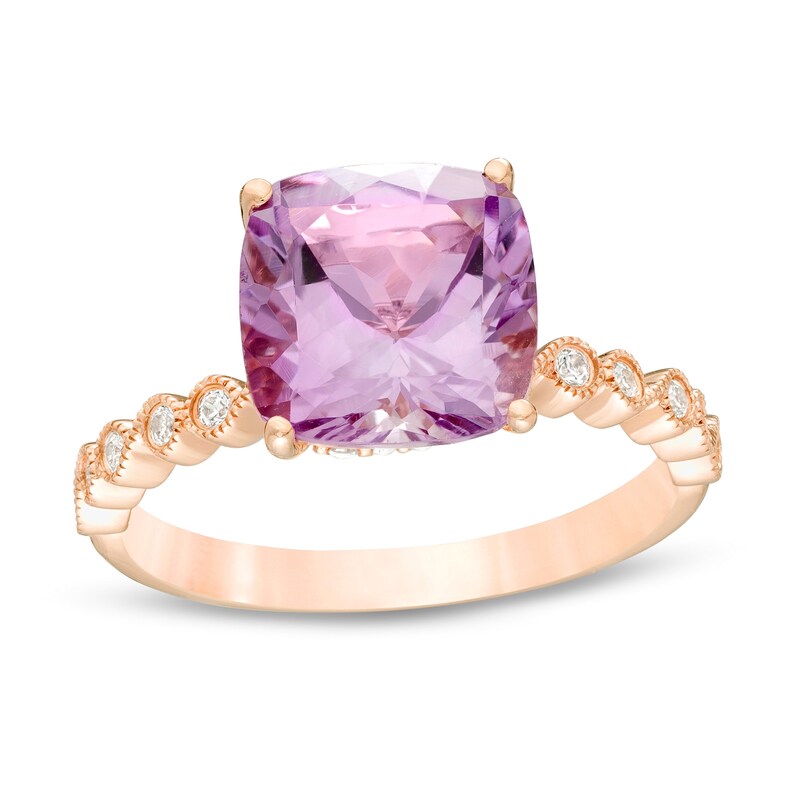 Main Image 1 of 9.0mm Cushion-Cut Rose de France Amethyst and 1/6 CT. T.W. Diamond Art Deco Engagement Ring in 14K Rose Gold