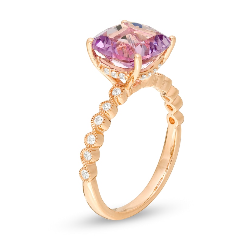 Main Image 3 of 9.0mm Cushion-Cut Rose de France Amethyst and 1/6 CT. T.W. Diamond Art Deco Engagement Ring in 14K Rose Gold