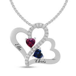 Couple's 4.0mm Birthstone and Lab-Created White Sapphire Engravable Double Heart Pendant (2 Stones and Lines)