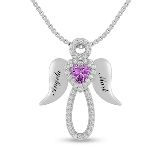 Couple's 4.0mm Heart-Shaped Birthstone Engravable Angel Pendant (1 Stone and 2 Lines)