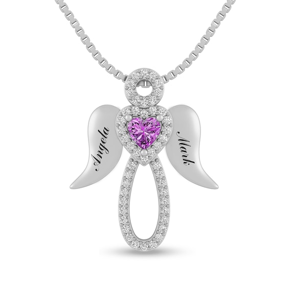 Couple's 4.0mm Heart-Shaped Birthstone Engravable Angel Pendant (1 Stone and 2 Lines)