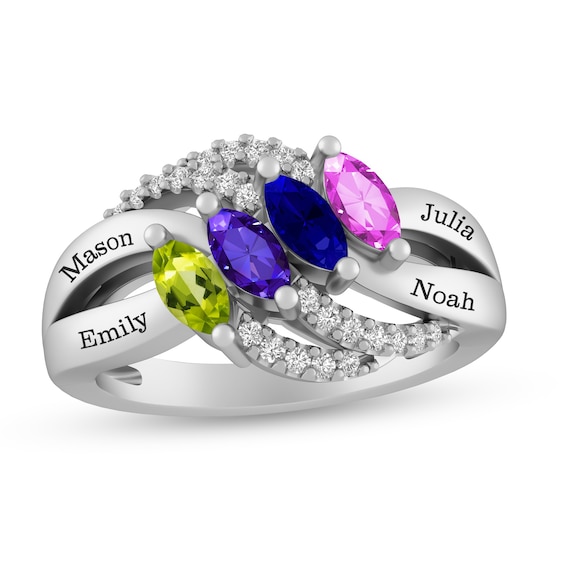 Mother's Marquise Birthstone and Lab-Created White Sapphire Split Shank Wave Ring (2-4 Stones and Lines)