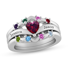 Mother's Heart-Shaped and Round Birthstone Engravable Three Piece Stackable Band Set (9 Stones and 2 Lines)