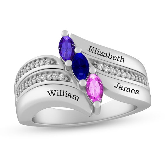 Mother's Marquise Birthstone Slant and 1/20 CT. T.w. Diamond Engravable Triple Row Bypass Ring (2-3 Stones and Lines)