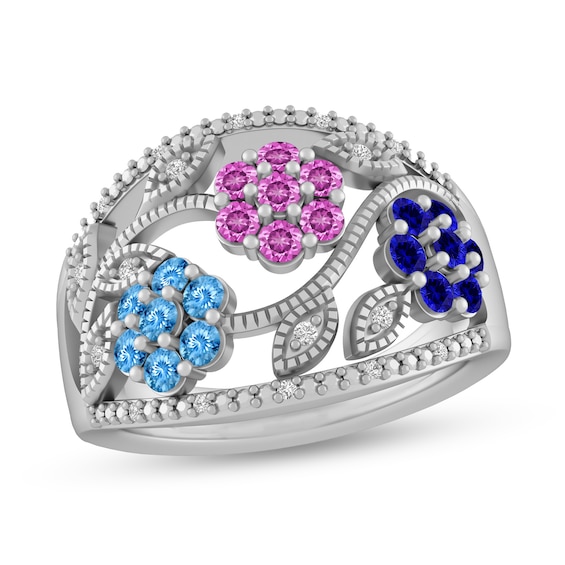 Mother's Birthstone and 1/15 CT. T.w. Diamond Flower Trio Open Shank Ring (3 Stones)