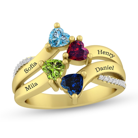 Mother's Heart-Shaped Birthstone and 1/20 CT. T.w. Diamond Engravable Multi-Row Crossover Ring (2-4 Stones and Lines)