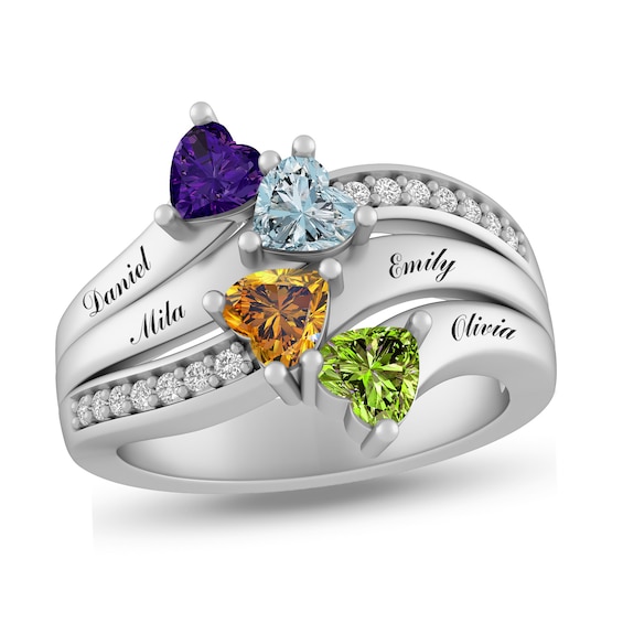 Mother's Heart-Shaped Birthstone and Lab-Created White Sapphire Engravable Triple Row Bypass Ring (2-4 Stones and Lines)