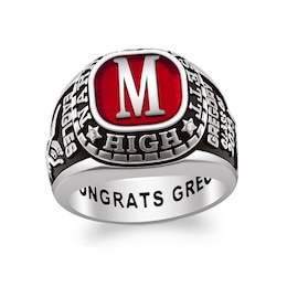 Cushion-Shaped Gemstone and Diamond Accent Engravable High School Class Ring (1 Stone)