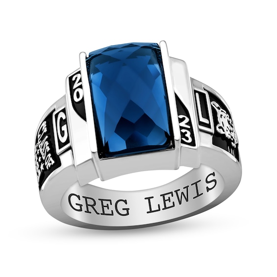 Faceted Rectangular Simulated Birthstone Engravable High School Class Ring (1 Stone)