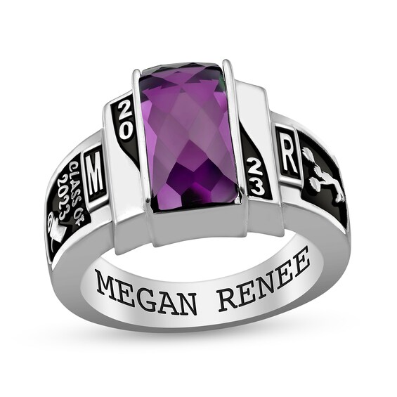 Faceted Rectangular Simulated Birthstone Engravable High School Class Ring (1 Stone)