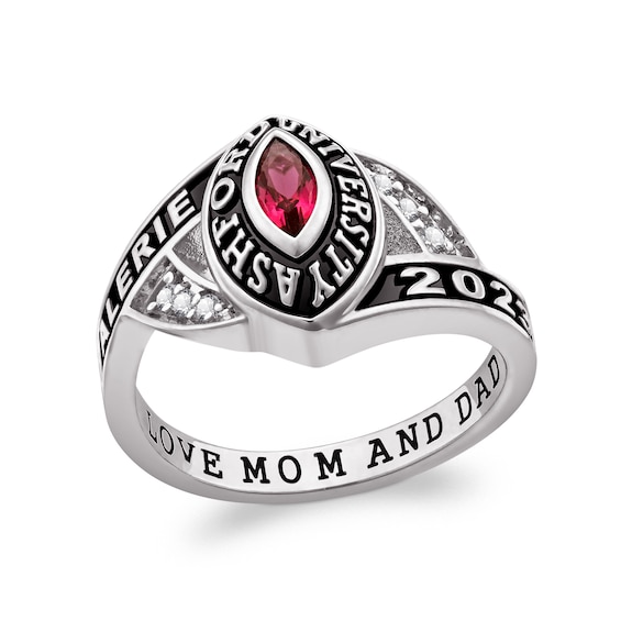 Marquise Simulated Birthstone and 1/20 CT. T.w. Diamond Bypass High School Class Ring (1 Stone)