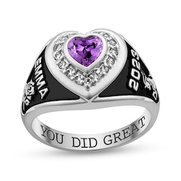 6.0mm Heart-Shaped Simulated Birthstone and 1/6 CT. T.W. Diamond Frame High School Class Ring (1 Stone)