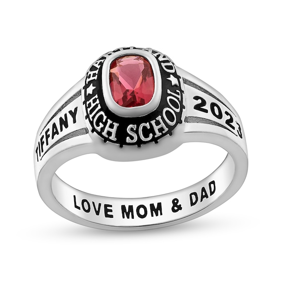 Cushion-Cut Simulated Birthstone Engravable Triple Row Split Shank High School Class Ring (1 Stone)