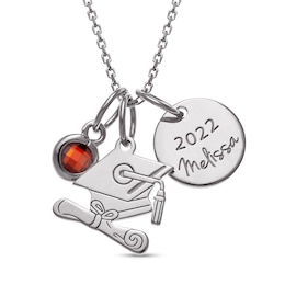 Simulated Birthstone Engravable Script Name Disc Graduation Cap and Diploma Charm Pendant (1 Stone, Line and Year) - 20"