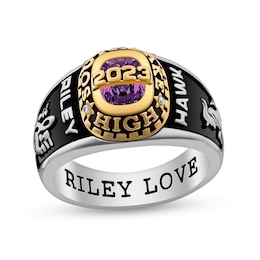 Simulated Birthstone and Diamond Accent High School Class Ring in Sterling Silver and 18K Gold Plate (1 Stone)