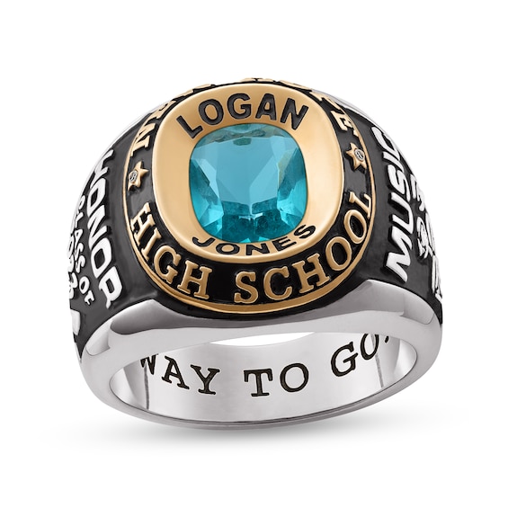 Simulated Birthstone and Diamond Accent High School Class Ring in Sterling Silver and 18K Gold Plate (1 Stone)
