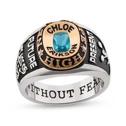 Simulated Birthstone and Diamond Accent High School Class Ring in Sterling Silver and 18K Gold Plate (1 Stone)