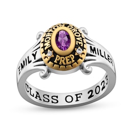 Ladies' Oval Birthstone and Diamond Accent Scroll Shank Class Ring in Sterling Silver and 18K Gold Plate (1 Stone)