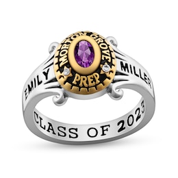 Oval Birthstone and Diamond Accent Scroll Shank Class Ring in Sterling Silver and 18K Gold Plate (1 Stone)