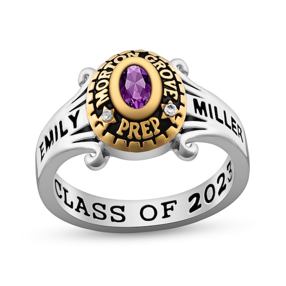 Oval Birthstone and Diamond Accent Scroll Shank Class Ring in Sterling Silver and 18K Gold Plate (1 Stone)