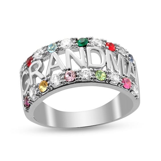 Grandmother's Simulated Birthstone and White Topaz Alternating Border "Grandma" Open Shank Ring (2-10 Stones)